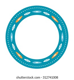 Light blue circle frame of scandinavian design. Dotted circle and stylized colorful petals forming a round frame. Can be used like plates borders or frames for your photo or text.