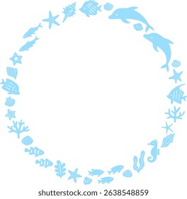 Light blue circular ring frame illustration of various sea creatures