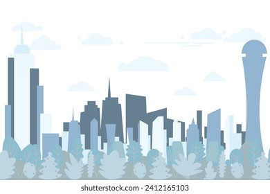 Light blue cityscape background. City buildings with trees at park view. Monochrome city. Modern architectural panorama in flat style.