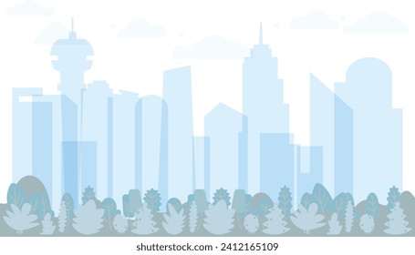 Light blue cityscape background. City buildings with trees at park view. Monochrome city. Modern architectural panorama in flat style.