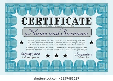 Light blue Classic Certificate or Diploma template.  Perfect design.  With quality background.  Vector illustration. 