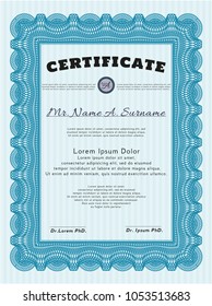  Light blue Classic Certificate template. Good design. Vector illustration. With complex linear background. 