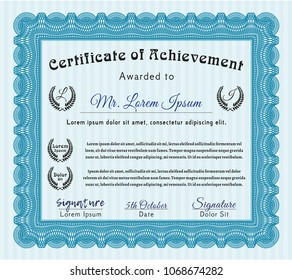 Light blue Classic Certificate template. Detailed. With background. Money style design. 