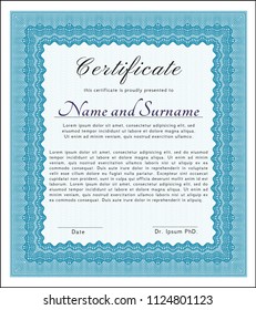 Light blue Classic Certificate template. With guilloche pattern. Detailed. Good design. 