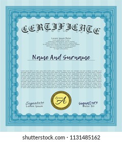 Light blue Classic Certificate template. With great quality guilloche pattern. Artistry design. Vector illustration. 