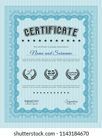 Light blue Classic Certificate template. With background. Vector illustration. Money Pattern design. 