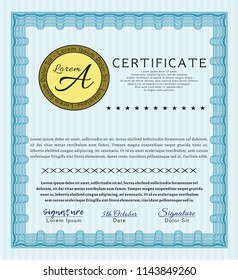 Light blue Classic Certificate template. Printer friendly. Customizable, Easy to edit and change colors. Superior design. 