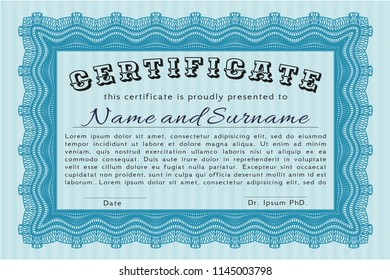 Light blue Classic Certificate template. Detailed. With guilloche pattern. Perfect design. 