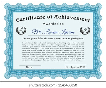 Light blue Classic Certificate template. With guilloche pattern and background. Nice design. Vector illustration. 