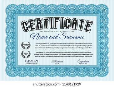 Light blue Classic Certificate template. With complex linear background. Vector illustration. Sophisticated design. 