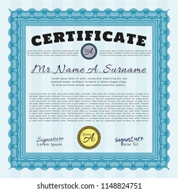 Light blue Classic Certificate template. Superior design. Vector illustration. With quality background. 