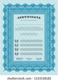 Light blue Classic Certificate template. Retro design. Customizable, Easy to edit and change colors. With great quality guilloche pattern. 