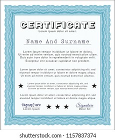 Light blue Classic Certificate template. With guilloche pattern and background. Money design. Vector illustration. 