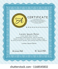 Light blue Classic Certificate template. Vector illustration. With background. Money Pattern. 