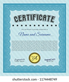 Light blue Classic Certificate template. Superior design. Detailed. With great quality guilloche pattern. 