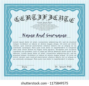 Light blue Classic Certificate template. With quality background. Cordial design. Detailed. 
