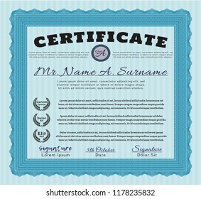 Light blue Classic Certificate template. Modern design. With linear background. Vector illustration. 