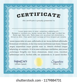 Light blue Classic Certificate template. Good design. With complex linear background. Vector illustration. 