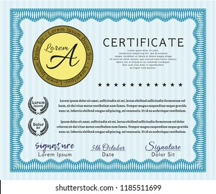 Light blue Classic Certificate template. Printer friendly. Beauty design. Vector illustration. 
