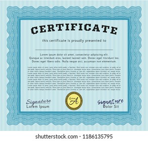 Light blue Classic Certificate template. With great quality guilloche pattern. Customizable, Easy to edit and change colors. Cordial design. 