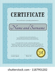 Light blue Classic Certificate template. Vector illustration. With complex linear background. Beauty design. 