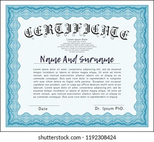 Light blue Classic Certificate template. With guilloche pattern. Money Pattern. Vector illustration. 