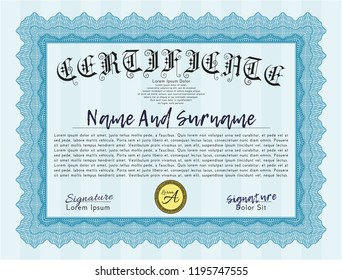 Light blue Classic Certificate template. With background. Detailed. Money style design. 