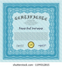 Light blue Classic Certificate template. Vector illustration. With guilloche pattern. Elegant design. 