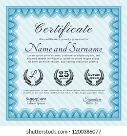 Light blue Classic Certificate template. With complex background. Vector illustration. Good design. 