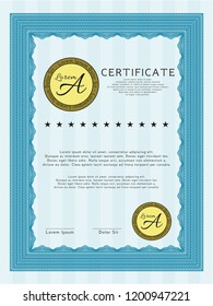 Light blue Classic Certificate template. With guilloche pattern and background. Vector illustration. Superior design. 