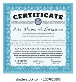 Light blue Classic Certificate template. Nice design. Detailed. With linear background. 