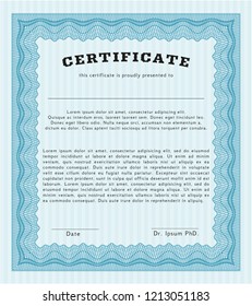 Light blue Classic Certificate template. Nice design. With complex background. Vector illustration. 