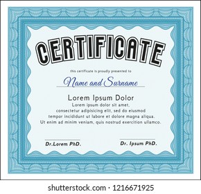 Light blue Classic Certificate template. Cordial design. Detailed. With linear background. 