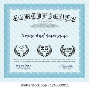 Light blue Classic Certificate template. Cordial design. Detailed. With guilloche pattern. 