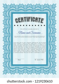 Light blue Classic Certificate template. Vector illustration. With linear background. Perfect design. 