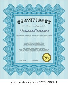 Light blue Classic Certificate template. Lovely design. Vector illustration. With complex background. 