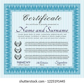 Light blue Classic Certificate template. With complex linear background. Elegant design. Customizable, Easy to edit and change colors. 