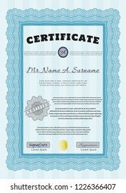Light blue Classic Certificate template. Elegant design. With guilloche pattern and background. Customizable, Easy to edit and change colors. 