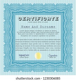 Light blue Classic Certificate template. With great quality guilloche pattern. Detailed. Money style design. 