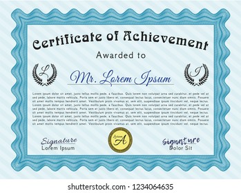 Light blue Classic Certificate template. With guilloche pattern and background. Money style design. Vector illustration. 