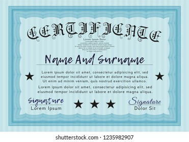 Light blue Classic Certificate template. Nice design. With complex linear background. Customizable, Easy to edit and change colors. 