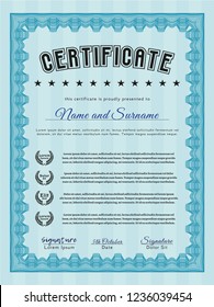 Light blue Classic Certificate template. Lovely design. With guilloche pattern and background. Customizable, Easy to edit and change colors. 