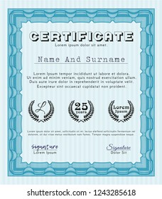 Light blue Classic Certificate template. With background. Vector illustration. Retro design. 