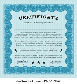 Light blue Classic Certificate template. Vector illustration. With guilloche pattern. Perfect design. 