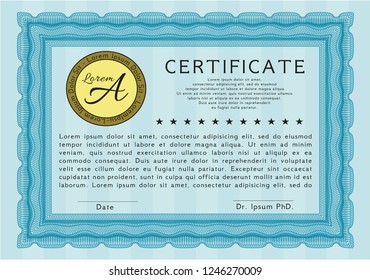 Light blue Classic Certificate template. Superior design. Complex background. Vector illustration. 