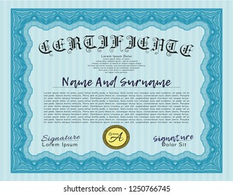 Light blue Classic Certificate template. Elegant design. With background. Detailed. 
