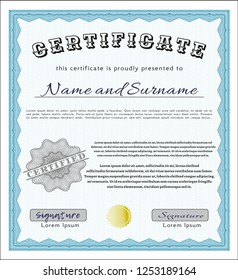 Light blue Classic Certificate template. Money design. Vector illustration. Easy to print. 