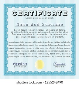 Light blue Classic Certificate template. Excellent design. Vector illustration. Printer friendly. 