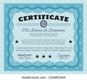 Light blue Classic Certificate template. With guilloche pattern. Customizable, Easy to edit and change colors. Excellent design. 