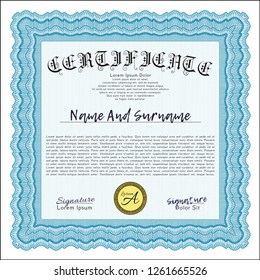 Light blue Classic Certificate template. Easy to print. Customizable, Easy to edit and change colors. Perfect design. 